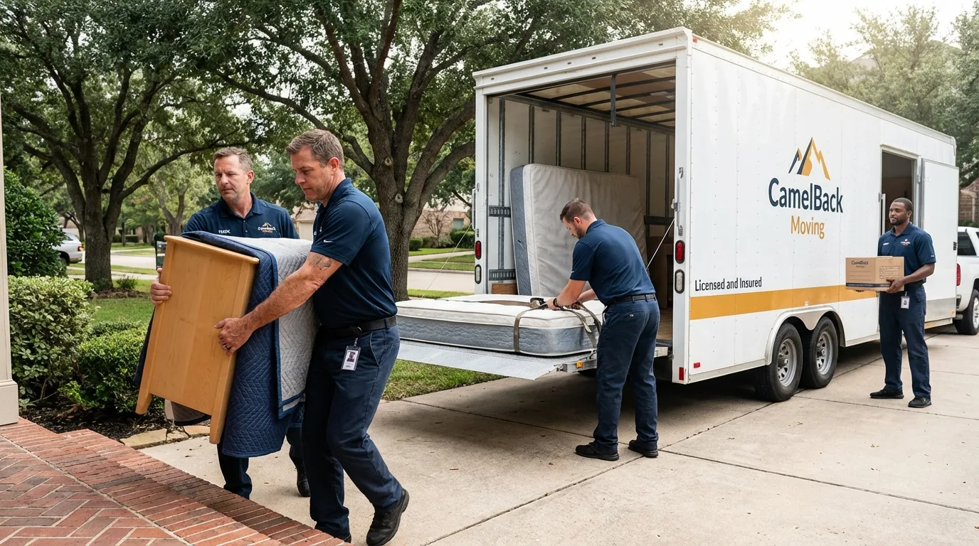 Crew loading residential truck for cross-state move from Fort Stockton, TX