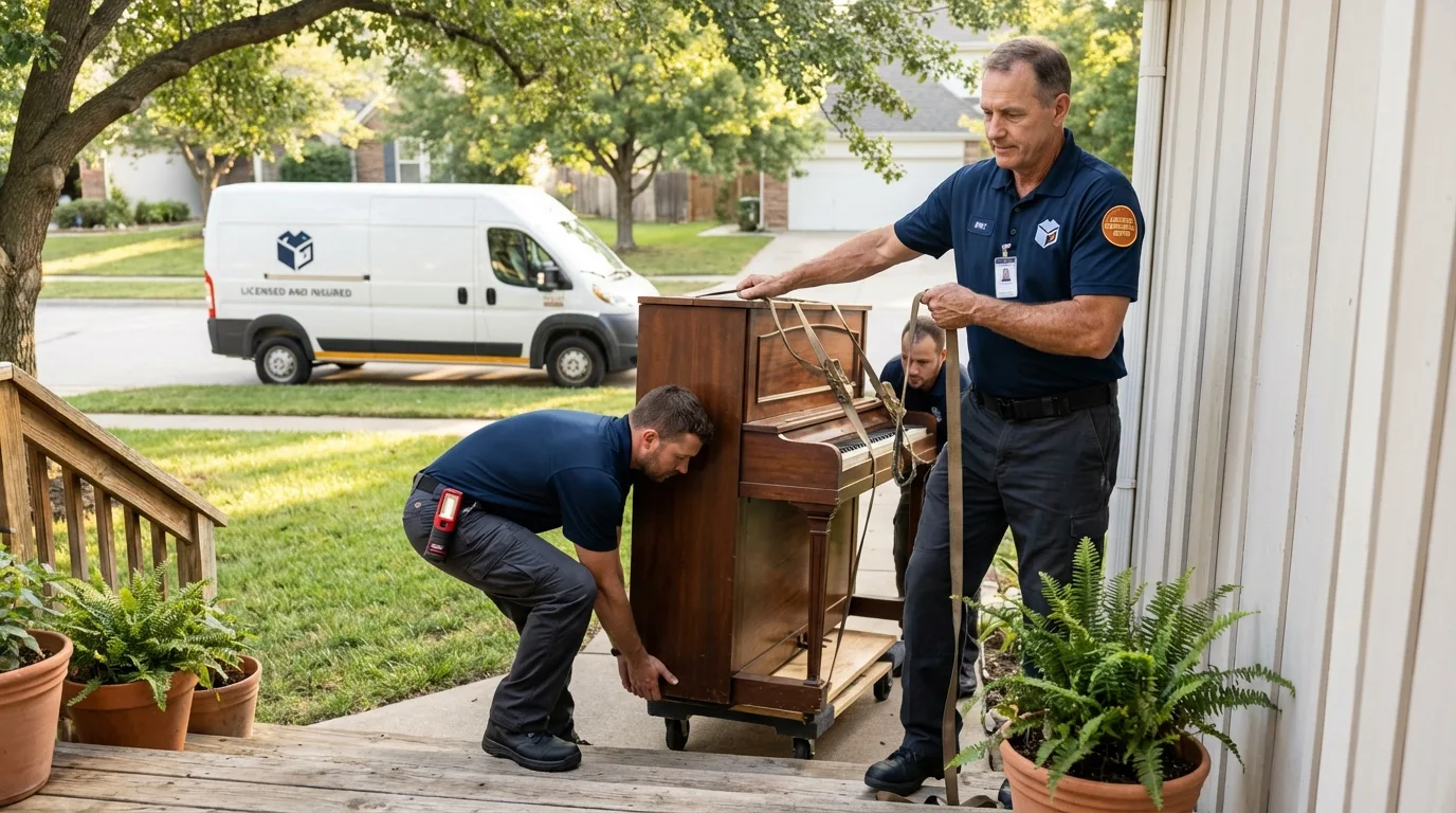 Licensed piano movers securing grand piano in Fort Stockton, TX