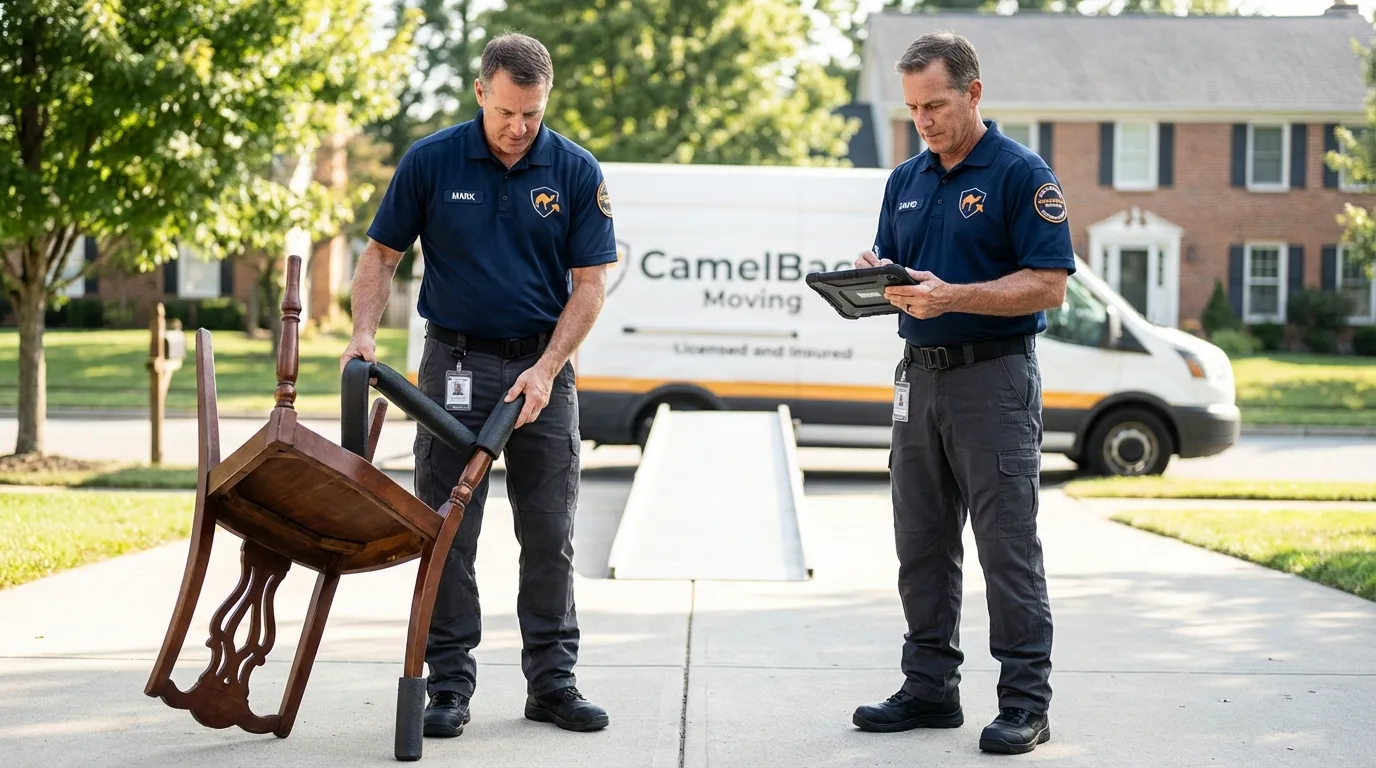 Movers inspecting furniture for damage prevention before loading in Fort Stockton, TX