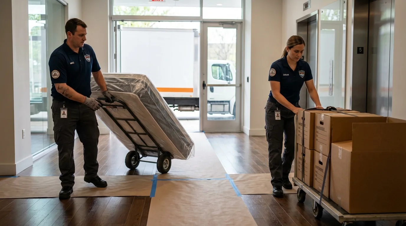 Professional apartment movers loading elevator in Fort Stockton, TX